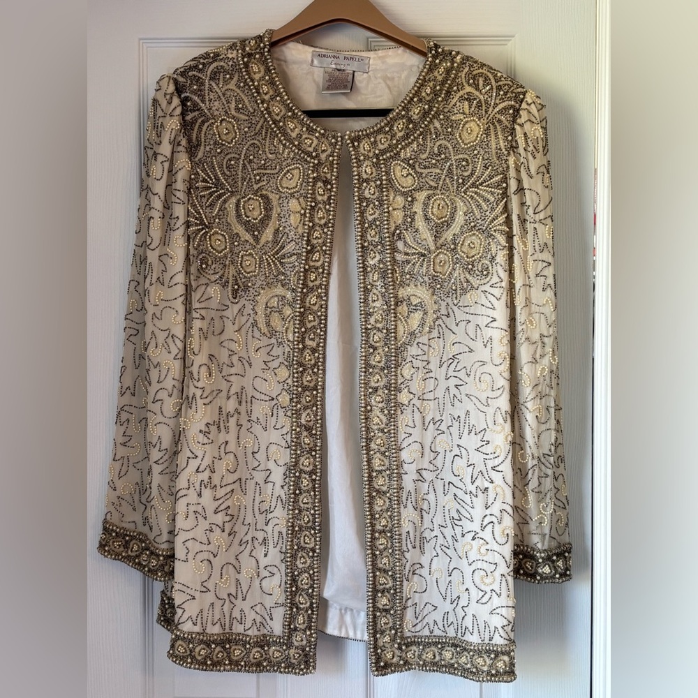 Adrianna Papell Silk Ivory and Gold Beaded Open Front Evening Jacket